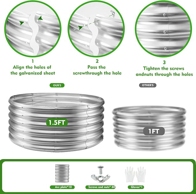 YSEJOMP 17" Tall Round Outdoor Garden Raised Garden Bed Kits-0.8MM Thick Metal Raised Planter Bed/Ground Planter Box for Variety of Flowers,Herbs,Vegetables,Trees (Silver, 40 Dia X 16.5 inches)