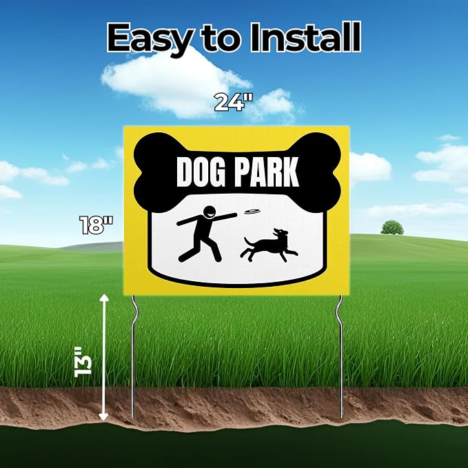 Dog Park Yard Sign by DC | 24"x18" Double Sided Pets Garden Sign with 13” Metal Stakes | Outdoor Signs Waterproof for Lawn, Patio, Sidewalk & House | Set of 2 | Made in USA