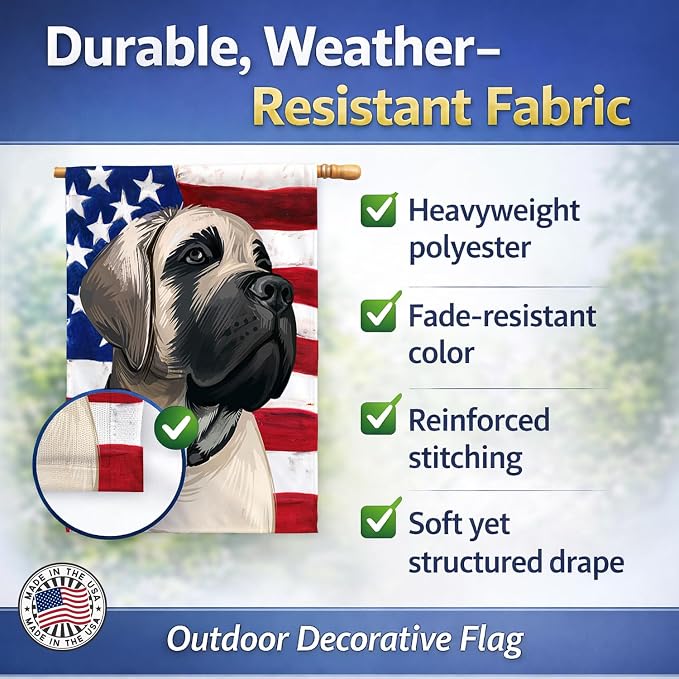 Caroline's Treasures CK6513CHF English Mastiff Dog American Flag House Flag Large Porch Sleeve Pole Decorative Outside Yard Banner Artwork Wall Hanging, Polyester, House Size, Multicolor
