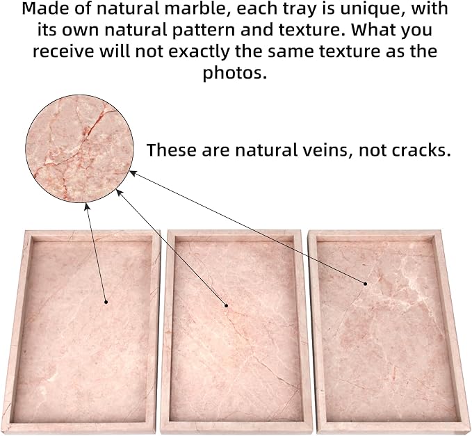 Marble Bathroom Vanity Tray, Natural Luxury Vanity Home Kitchen Bathroom Table Tray, Stone Decorative Countertop Dresser Trays for Key Coffee Perfume Jewelry Makeup (Pink/Cream Rose, 12"x 8" x1.2")