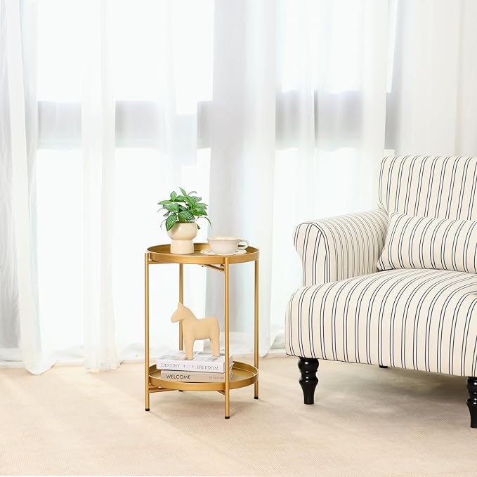 2-Tier Round End Side Table, Set of 2, Small Metal Side Table with Removable Tray, Folding Accent Tables for Living Room, Balcony, Nightstand for Bedroom, Outdoor Tables for Patio, Gold