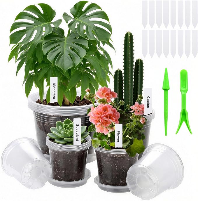 5/6/7/10 Inch Clear Nursery Pots with Drainage Holes and Saucers, 16 Pack Large Plastic Plant Pots for Seedlings, Succulents, Herbs, Flowers & Vegetables, Repotting and Growing (Clear, 16)