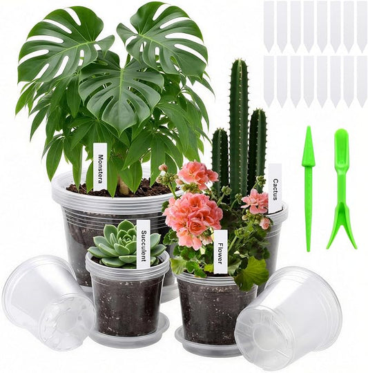 5/6/7/10 Inch Clear Nursery Pots with Drainage Holes and Saucers, 16 Pack Large Plastic Plant Pots for Seedlings, Succulents, Herbs, Flowers & Vegetables, Repotting and Growing (Clear, 16)