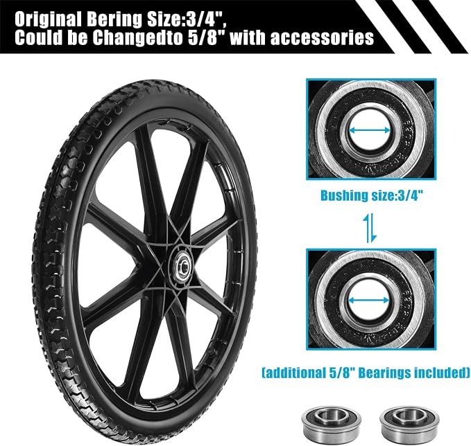 20" Flat Free Tire Cart Wheels Replacement for Rubber Maid Wheelbarrow Wheels Garden Cart, Replacement Wheels with 5/8" 3/4" Bearing for Utility Carts/Lawn Carts/Wheelbarrow, Black 2PACK