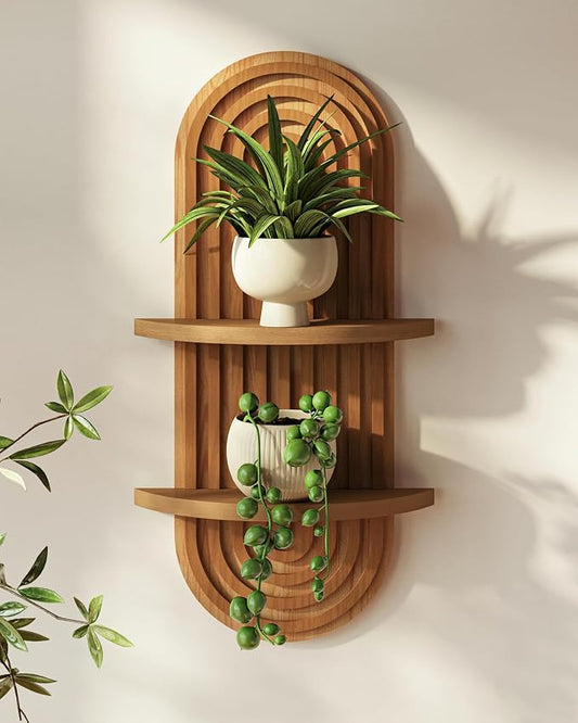 Bamworld Plant Wall Shelf Boho Wall Decor Brown Hanging Plant Shelf Mid Century Modern Decor 2-Tier Wooden Floating Shelves for Home, Bathroom Living Room Office Holding Planter Decoration, 1Pcs