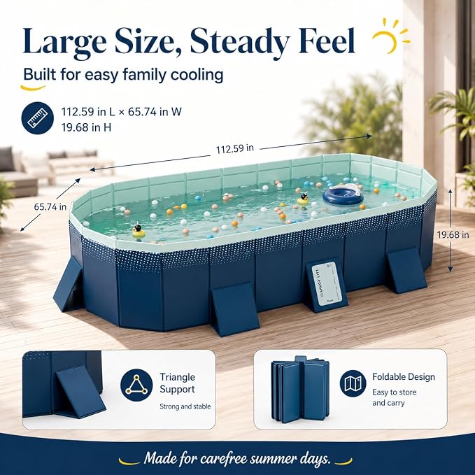 Non-Inflatable PVC Folding Swimming Pool Capacity Outdoor & Indoor Portable Pool for Patio, Garden, Yard, Adult & Family Summer Relaxation (112.59 Inch)