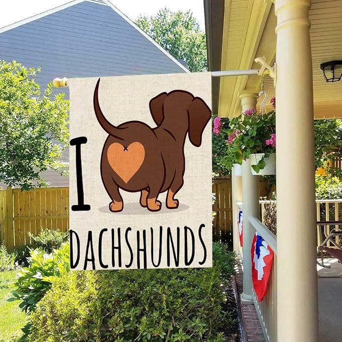 EMMTEEY Dachshund Art House Flags 28x40 Double Sided Seasonal Burlap Outdoor for Kids Outdoor House Flag cute Dachshund Dog Cartoon Isolated on White Love Chocolate and Tan Wiener Sausage Rear