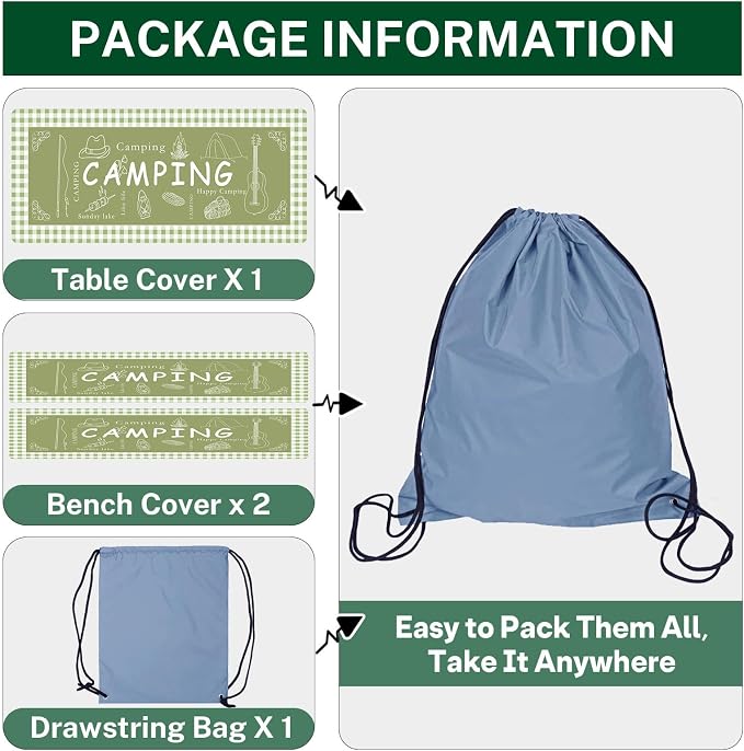 Picnic Table Cover with Bench Covers Elastic Edges, Green Camper Fitted Table Cover, Outdoor Patio Camping Essentials 72 Inch 3PCS, Waterproof Camping Fitted Tablecloth with Drawstring Bag