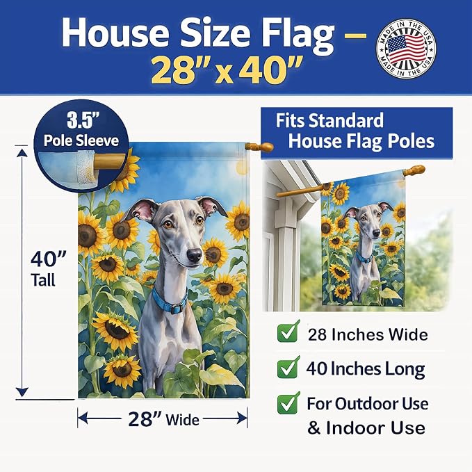 Caroline's Treasures DAC6176CHF Whippet in Sunflowers House Flag Large Porch Sleeve Pole Decorative Outside Yard Banner Artwork Wall Hanging, Polyester, House Size, Multicolor