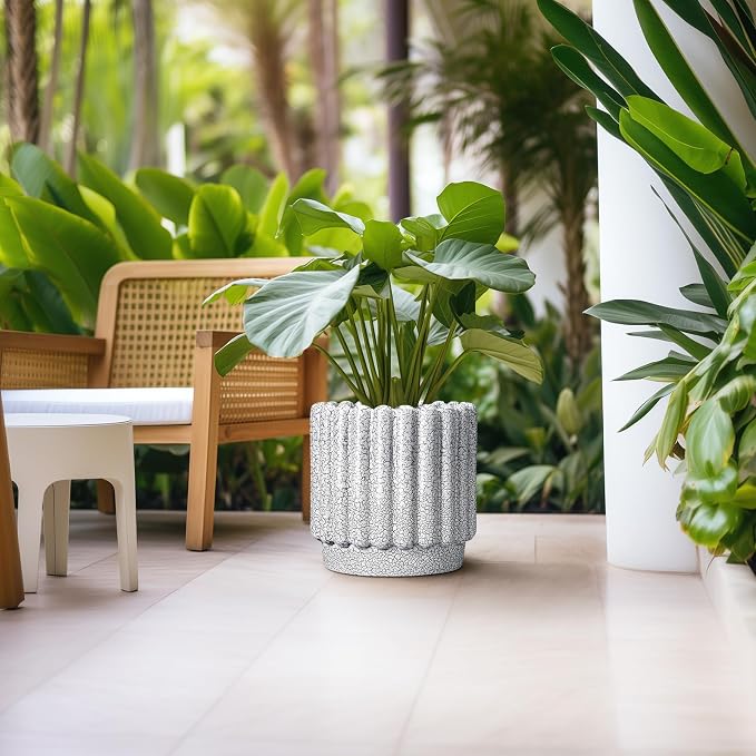 Ceramicfor Ceramic Planter, 12 Inch, Black and White | Indoor Plants, Drainage Hole, Fluted Round Design, Indoor & Outdoor Use