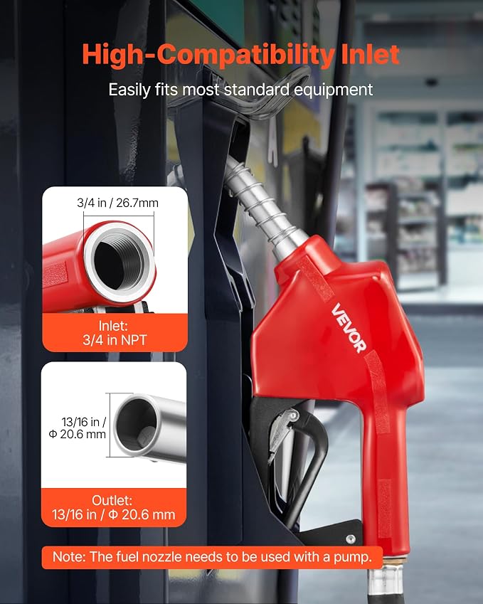 VEVOR 3/4" NPT Automatic Fuel Nozzle with 20Ft hose, Max Rate 11.8 GPM, Auto Shut Off Diesel Gas Pump Nozzle with 3-Speed Trigger Lock & 13/16" (OD=20 mm) Spout for Gasoline, Diesel, Kerosene, Red