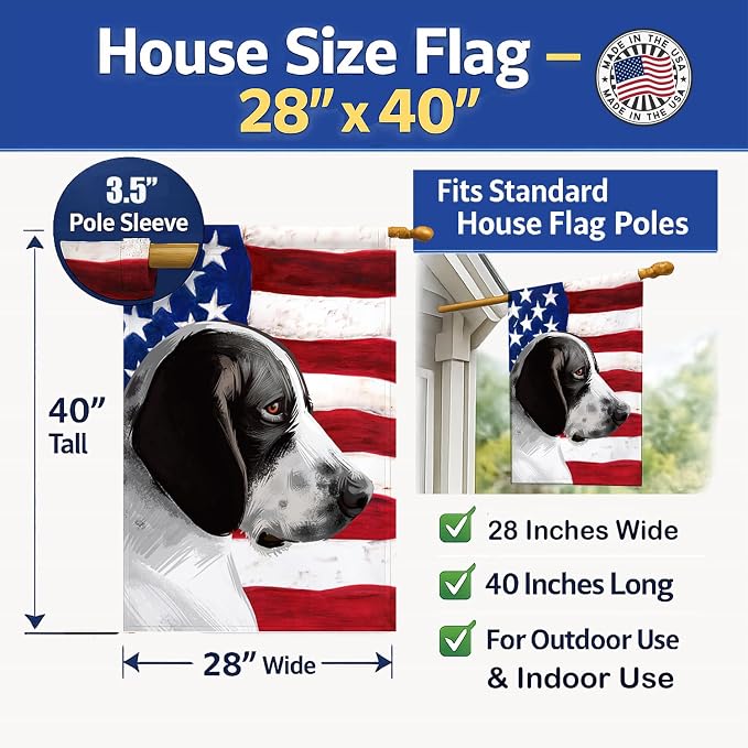 Caroline's Treasures CK6457CHF Braque d'Auvergne Dog American Flag House Flag Large Porch Sleeve Pole Decorative Outside Yard Banner Artwork Wall Hanging, Polyester, House Size, Multicolor