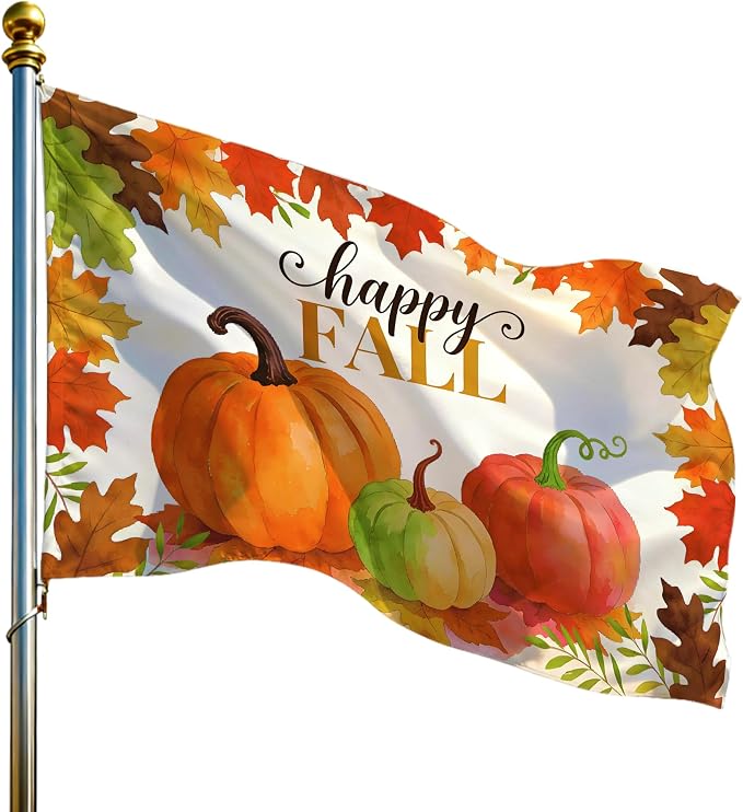 Fall Flag 3x5 Ft Double Sided Happy Fall Banner with White Header Tube & 2 Brass Grommets, Double Stitched Pumpkin Maple Leaf Thanksgiving Decorations for Yard Garden Porch Rustic Holiday Decor
