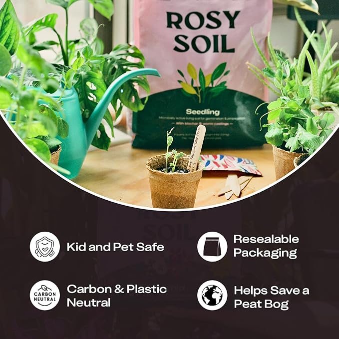 Rosy Soil Seedling Seed Starter Soil Mix, Organic, Peat-Free, 4 Quarts | Worm Castings, Biochar and Mycorrhizae Blend, For Seed Germination, Microgreens, Propagation, Herbs, Vegetables, Flowers