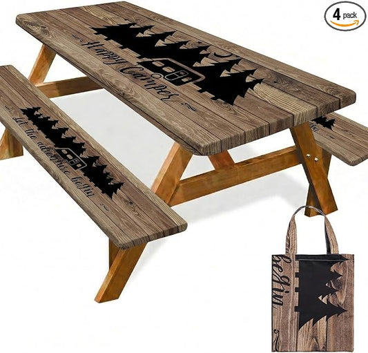Picnic Table Cover with Bench Covers Elastic Edges Camping Essentials 4 Pcs Wood Grain Waterproof Oil-Proof Tablecloth with Handbag for RV Accessories Farmhouse Camping Rustic Party Decor 72 IN