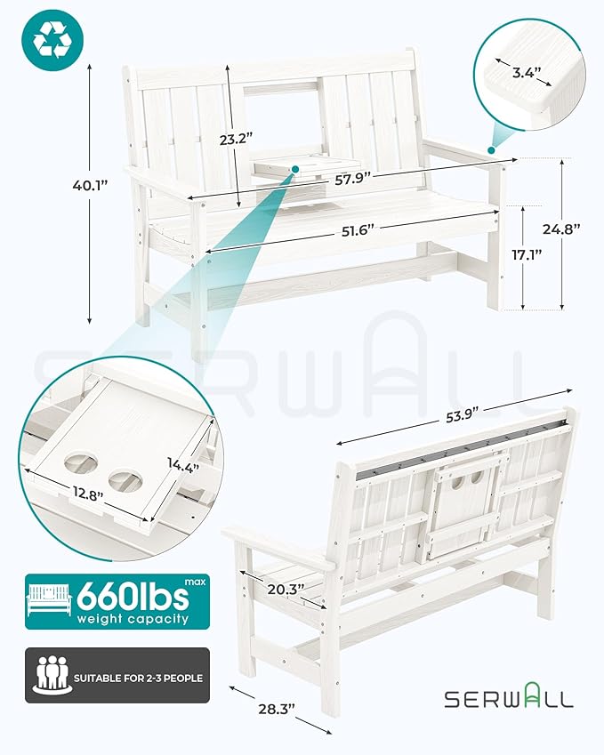 SERWALL HDPE Outdoor Bench with Cup Holder Oversized 58" Porch Bench, White | Suitable for 3 Person, Heavy-duty, High Backrest, Weatherproof Material Patio Benches for Garden, Park, Yard, Front Porch
