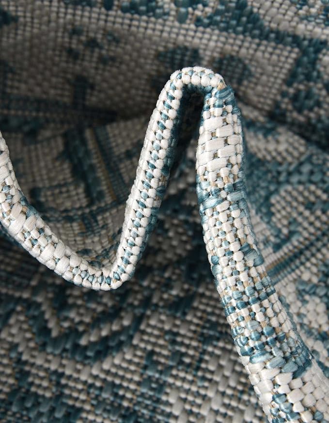 Unique Loom Outdoor Aztec Collection Area Rug - Chalca (7' 10" x 10' Oval, Aqua/ Ivory)