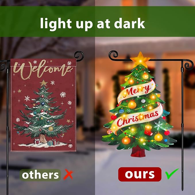 Lighted Christmas Garden Flag for Outside, Solar LED Xmas Tree Flag Decoration, 12x18 Double Sided Outdoor Yard Lawn Decor (Shape Christmas Tree, 12x18 Inch)