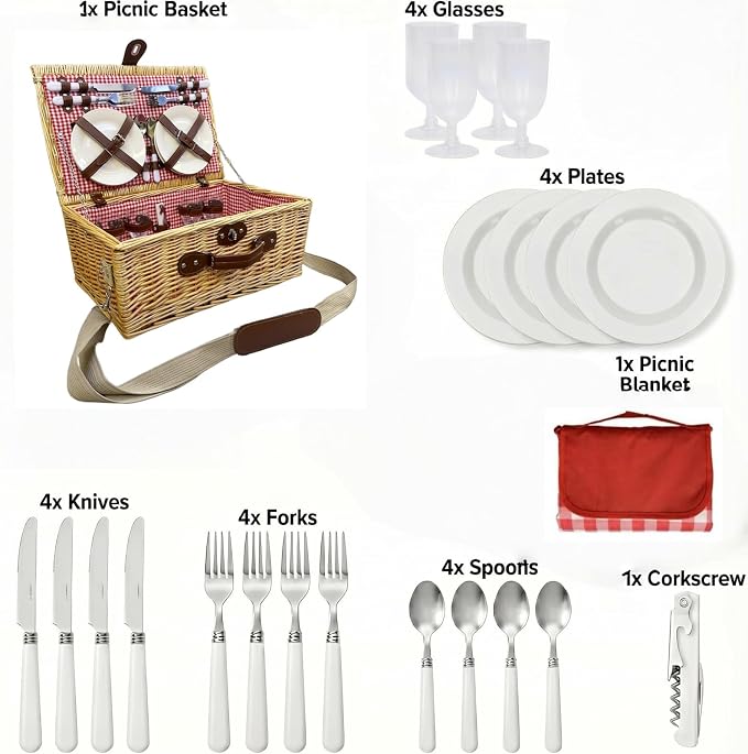 Multifunctional Wicker Picnic Basket Set for 4 Blanket Family Folding Wine Table,Insulated Portable Extra Big Storage Capacity Woven Rattan Canasta De Full Tablewares Camping Outdoor Flowers Pink