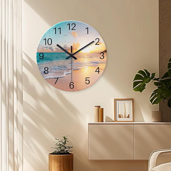 Round Extra Large Glass Wall Clock 24 Inch | Modern Beach Wall Clocks Battery Operated Silent Wall Clock for Living Room Bedroom Office Decor