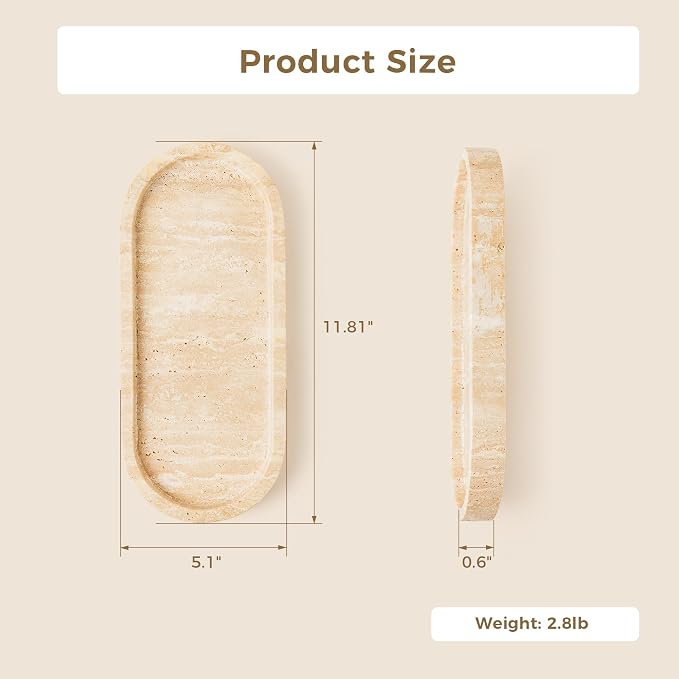 Marble Vanity Tray 11.8" x 5" Italy Natural Travertine Stone Decorative Trays for Jewelry Candles Perfume, Countertop Storage Organizer for Bathroom Dresser Kitchen Home Decor Beige (WH033)