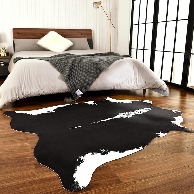 BENRON Faux Cowhide Rug, Cow Print Rug for Living Room Bedroom 5.2x6.2ft | Western cow hide rug for Cowboy Cowgirl Home Decor, Washable Rugs with Irregular Animal Skins and Hides Non Slip, Black