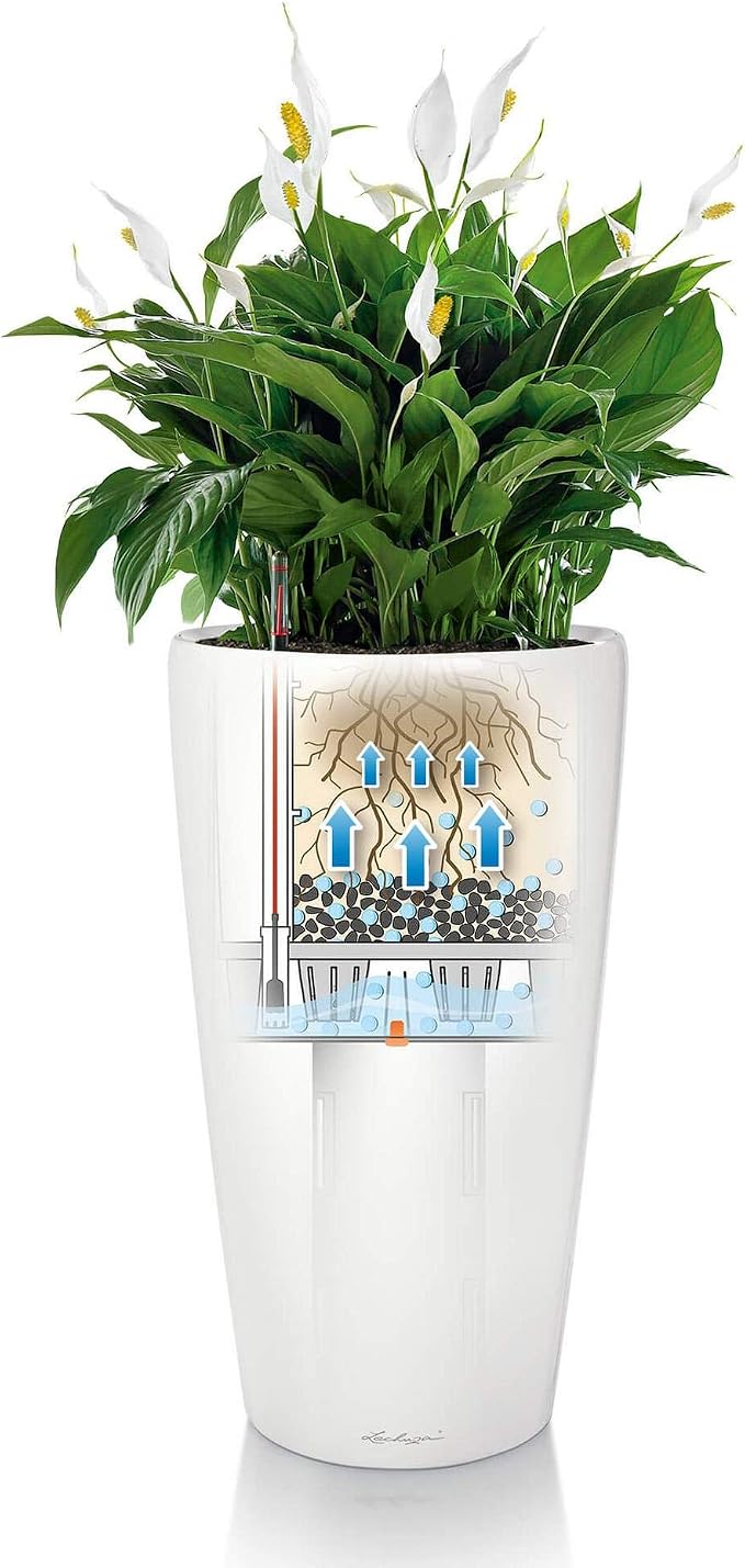 Lechuza Rondo 40 Self Watering Planter Large Garden Flower Plant Pot Indoor/Outdoor Floor Planter with Drainage Hole and Plant Substrate Poly Resin D40 H75 cm Silver Metallic