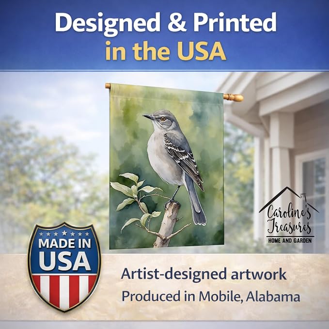 Caroline's Treasures Arkansas Northern Mockingbird House Flag Large Porch Sleeve Pole Decorative Outside Yard Banner Artwork Wall Hanging, Polyester, House Size, Multicolor