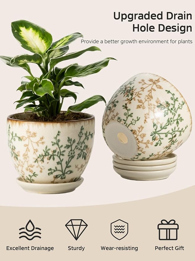 Ceramic Plant Pots, Nursery Pots with Drainage Hole, 3.5 Inch Succulent Pots for Plants, Small Indoor Flower Pots, Modern Decorative Planters for House Plants, Garden Planters, White Green