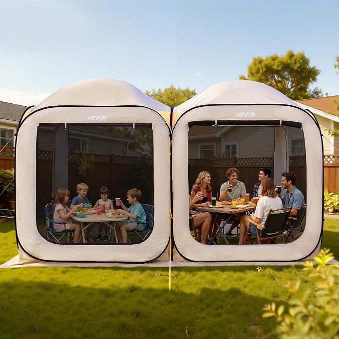 VEVOR Pop up Screen House Tent, 12 x 6 ft, 2 in 1 Screen Gazebo, Portable Screened in Canopy with Carry Bag, Netting Sides, Ground Stakes, for Garden, Patio, Backyard, and Outdoor Activities, Beige