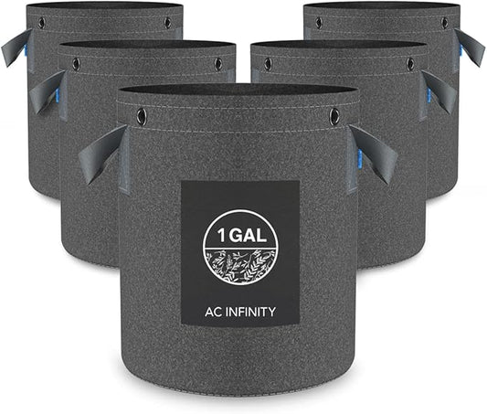 AC Infinity Heavy Duty Fabric Pots, 1 Gallon Aeration Reusable Grow Bags 5-Pack with 500G Thick Nonwoven Fabric and Multi-Purpose Rings, for Low Stress Plant Training Fruits, Vegetables, and Flowers