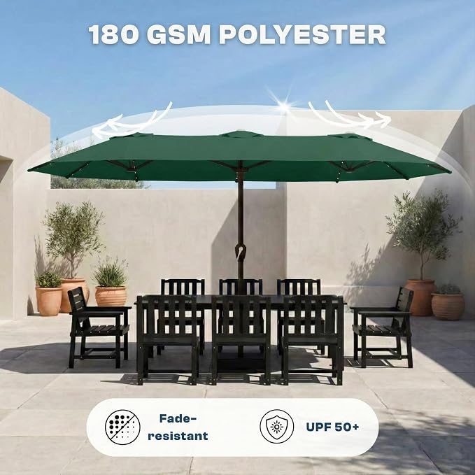 15FT Large Patio Umbrella with Base Included, Double Sided Outdoor Market Umbrella with Flexible Fiberglass Ribs, UV-Blocking Extra Large Umbrella for Garden, Pool, Deck, Forest Green