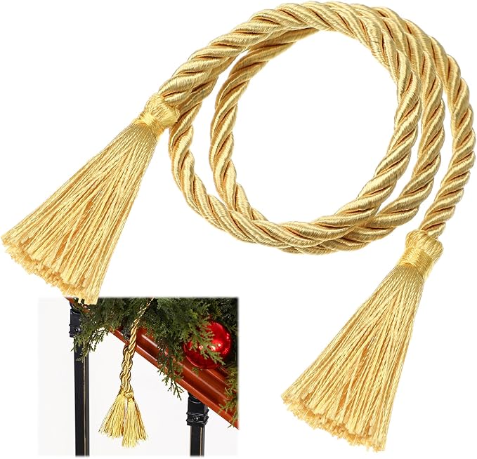 Dingion 20 Pcs Christmas Garland Decorative Banister Ties with Tassel 25.2 Inches Christmas Reusable Twist Ties for Garland Fireplace Staircase Banister Home Xmas Holiday Decorations(Gold)