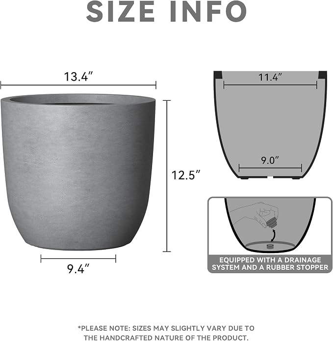 Kante 13.4" Dia Round Concrete Planter, Large Outdoor Modern Indoor Decorative Plant Pots with Drainage Hole and Rubber Plug for Home and Garden, Natural Concrete