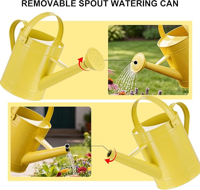 DUSVALLY Yellow Metal Watering Can for Indoor and Outdoor Plants, 55oz Decorative Garden Watering Can with Removable Sprinkler Spout, Small Farmhouse Plant Waterer for Houseplants, Patio, Flowers