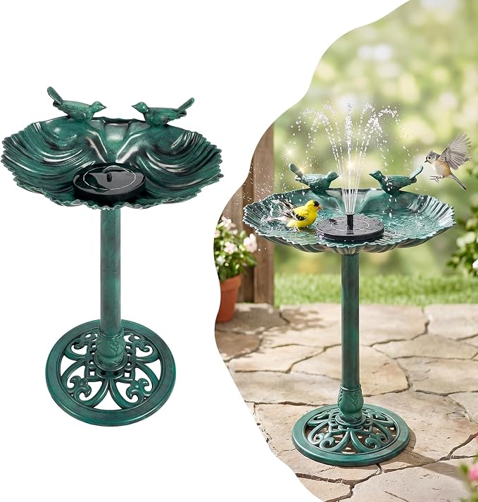 VINGLI Pedestal Bird Bath with Solar Fountain, Solar Pump Resin Birdbaths, Weather Resistant Bird Baths with Ground Stakes, Vintage Finish Garden Decor for Outdoor, Patio, Yard, Lawn(Green Shell)