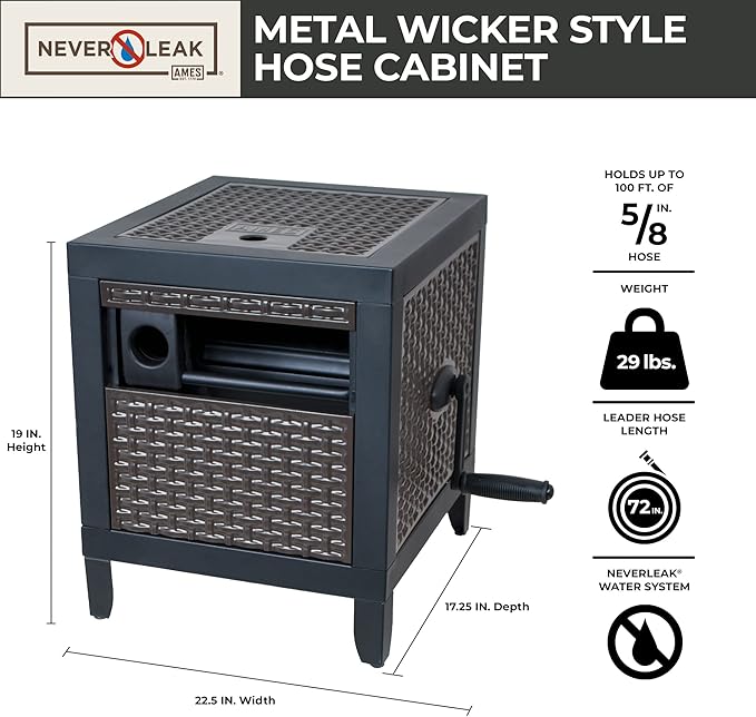AMES NeverLeak Hose Reel Cabinet Box, 100 Ft. Capacity, Decorative with Wicker Look, Auto Track Rewinding, Black Metal