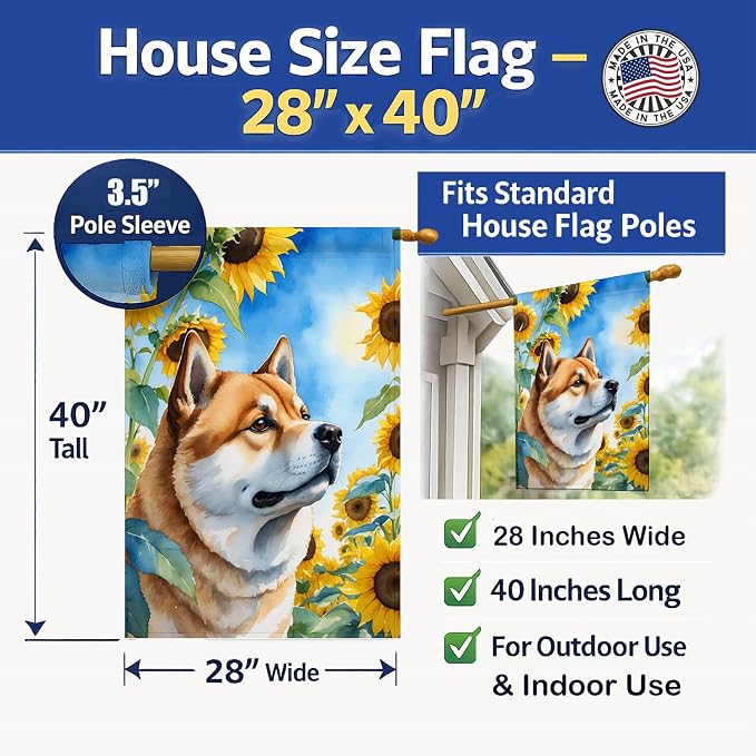 Caroline's Treasures DAC6003CHF Akita in Sunflowers House Flag Large Porch Sleeve Pole Decorative Outside Yard Banner Artwork Wall Hanging, Polyester, House Size, Multicolor