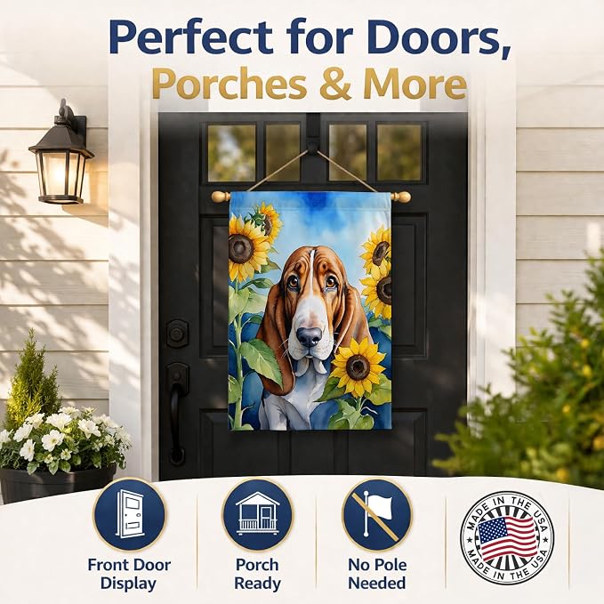 Caroline's Treasures DAC6017CHF Basset Hound in Sunflowers House Flag Large Porch Sleeve Pole Decorative Outside Yard Banner Artwork Wall Hanging, Polyester, House Size, Multicolor