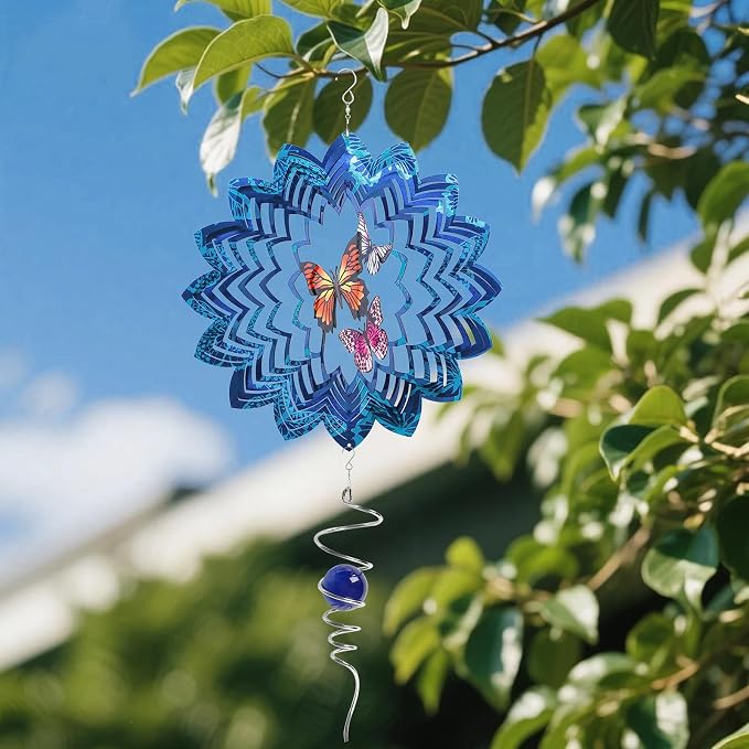 Wind Spinners Butterfly Hanging Outdoor, 13In Stainless Steel Spinfinity Wind Spinner, Blue Wind Chimes for Outside, 3D Kinetic Sculpture Suncatcher, Metal Yard Ornaments, Butterfly Garden Spinners