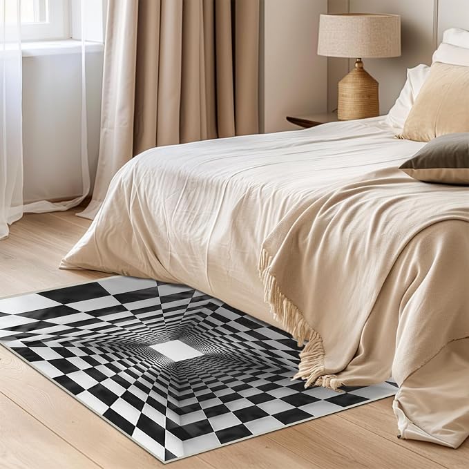 Boho Area Rug for Living Room Abstract 2x3 Entryway Rug Modern 3D Hole Trap Optical Visual Illusion Rugs Non Slip Low Pile Machine Washable Black White Floor Carpet for Indoor Bedroom Dining Room