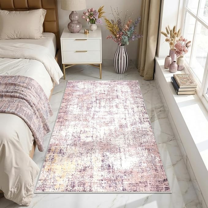 Abstract Area Rug 3x5 Ft Washable Rugs for Entryway Indoor | Pink Non Slip Kitchen Rug Printed Faux Wool Throw Rugs, Neutral Modern Indoor Mat for Entrance Bedroom Office Home Decor