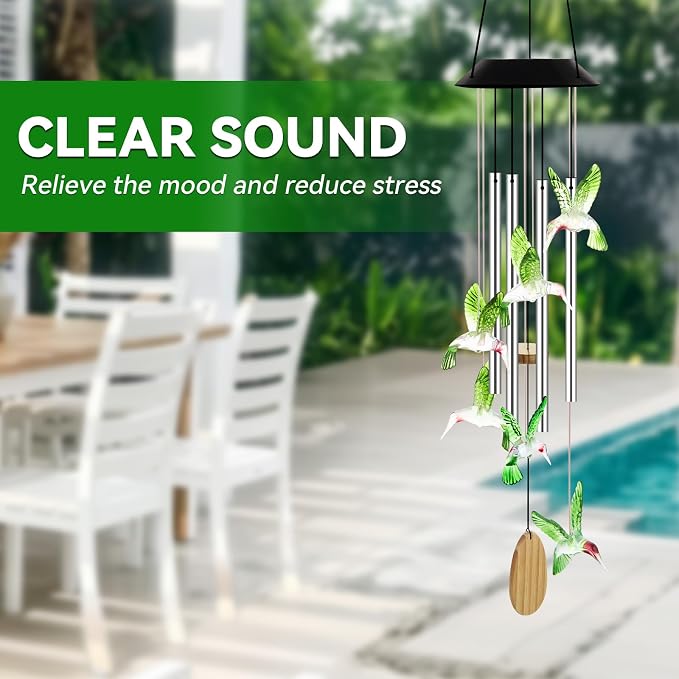 Wind Chimes for Outside, Solar Lights Outdoor Waterproof, Color Changing Hummingbird Light for Yard, Outdoor, Patio, Garden Decor, Wind Mobiles Gardening Gifts for Women, Mom, Wife, Green Hummingbird