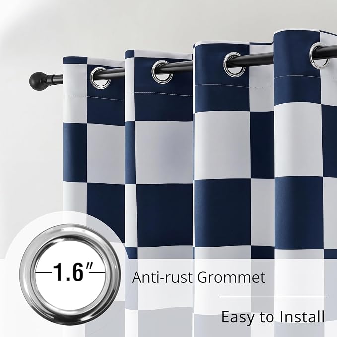 100% Blackout Checkered Curtains – 2 Panels, Each W52×L84, Thermal Insulated, Nosie Reducing for Bedroom (Navy and White Checkered, W52×L63)