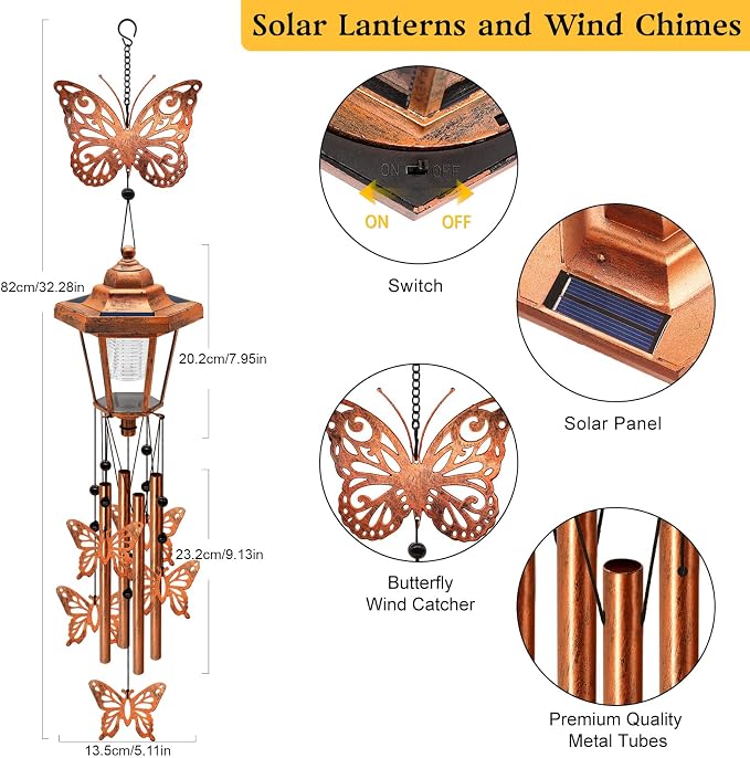 2 Pack Solar Butterfly Wind Chimes, Gifts for Women Mom Grandma Wife Sister Daughter Neighbor, Classic Bronze Wind Chimes With Wind Catcher Solar Decor Light For Outdoor Garden Patio Yard Porch Window