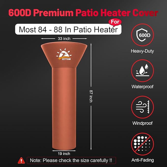 Zettum Patio Heater Covers - 600D Outdoor Heater Cover with Zipper Heavy Duty Waterproof, Propane Heat Cover for East Oak, Hampton Bay, Amazon Basics and Fire Sense (87" Height x 33" Dome x 19" Base)