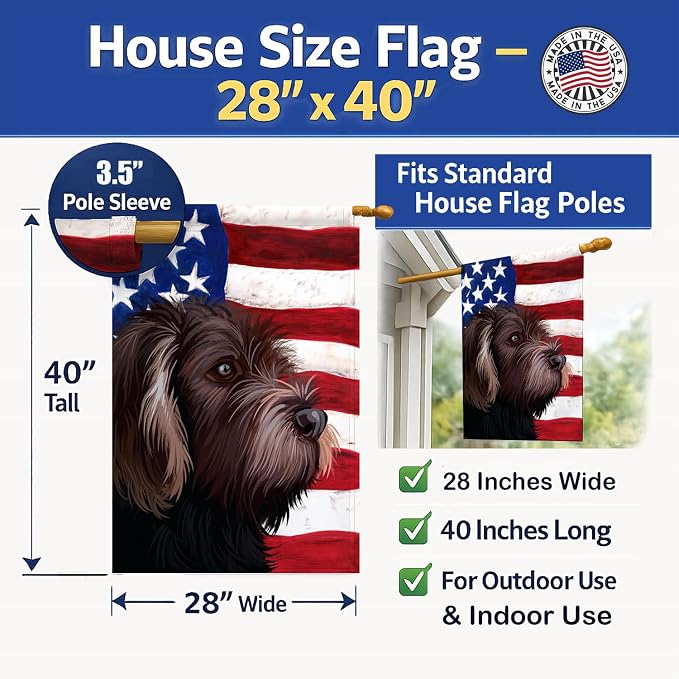 Caroline's Treasures CK6535CHF German Roughhaired Pointer American Flag House Flag Large Porch Sleeve Pole Decorative Outside Yard Banner Artwork Wall Hanging, Polyester, House Size, Multicolor