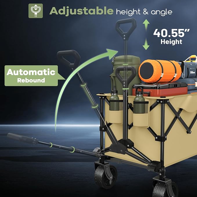 Hikemoon 150L Collapsible Wagons Carts Foldable, 360LBS Heavy Duty Folding Beach Cart with Big All-Terrain Wheels, Portable Utility Wagon for Grocery, Shopping, Garden, Sports, Khaki