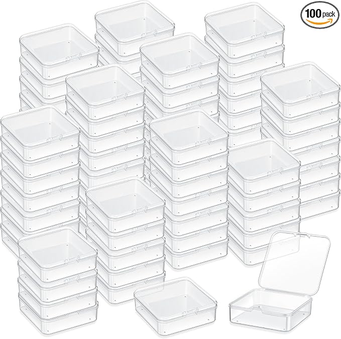 Menkxi 100 Pcs 2.8 x 2.8 x 1 Inch Plastic Bead Storage Containers Box Transparent Boxes with Hinged Lid Clear Bead Organizer Box for Small Items DIY Craft Jewelry Hardware Business Cards Game Pieces