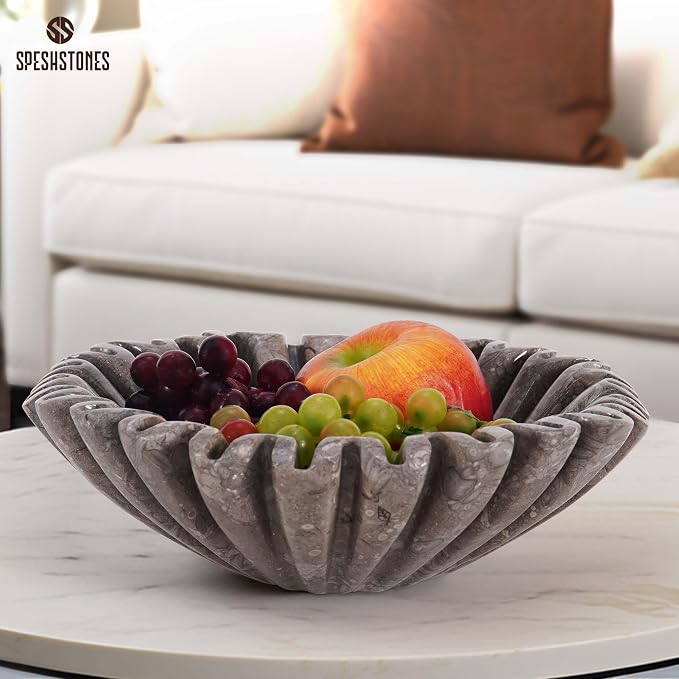 Marble Large Decorative Bowl Handmade 10 Inch Ruffle Bowl, Scalloped Bowls for Home Decor, Modern Fruit Bowl for Kitchen Counter, Stone Fluted Bowl for Housewarming Gifts